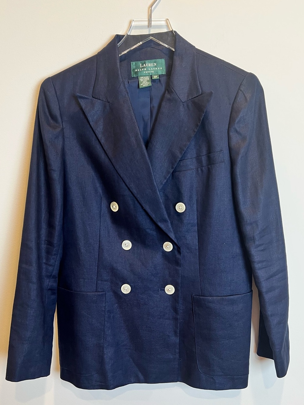 Lauren Ralph Lauren Navy Double-Breasted Linen Blazer, Sz 10 Pettite